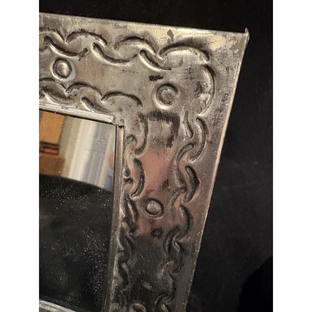 Handcrafted Embossed Metal Mirror Easel back Silver Tone Made in Mexico 6 x6" - Picture 2 of 7